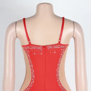 Detailed back view of red sexy strap dress featuring sparkling rhinestone embellishments