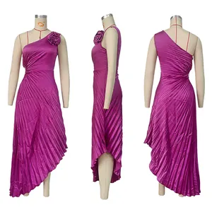 Three-way view of magenta one-shoulder pleated midi dress with floral detail