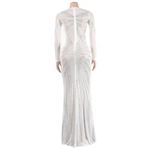 Elegant white rhinestone floor-length mesh evening gown dress showing back zipper detail