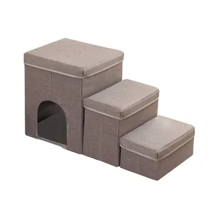 Klappbare 3-stufige Haustiertreppe aus grauem Stoff mit Stauraum und Hundehaus-Set