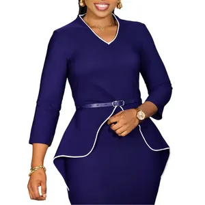 Elegant navy blue long sleeve peplum pencil dress with white trim for professional office wear