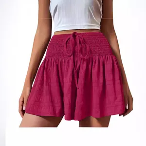 Summer solid color drawstring athletic shorts with smocked high waist for women