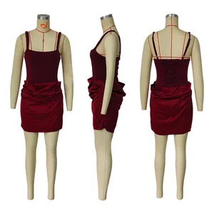 Detail views of a burgundy slim fit mini dress with corset back and ruched skirt.