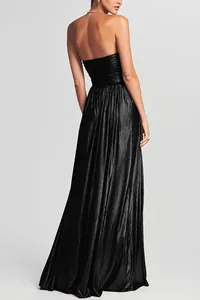 Elegant strapless black pleated maxi dress for evening parties, back view showing fabric texture