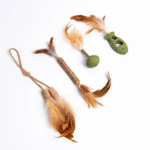 Natural cat toys set featuring catnip balls silvervine sticks and feathers for play