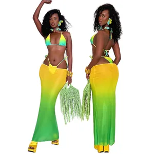 Sexy three-piece bikini set with lime green gradient mesh skirt for summer beachwear