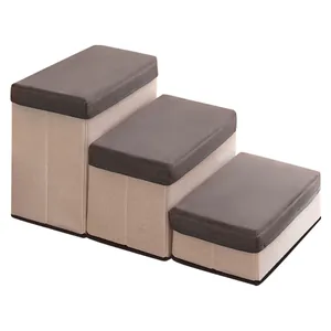 Foldable three-step pet stairs with storage boxes for small dogs and cats, beige/brown
