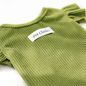 Gros plan d'un pull pour animal de compagnie en tricot vert avec manches volantées.