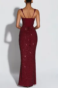 Back view of elegant burgundy sequined sleeveless evening dress with lace-up straps