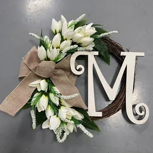 Farmhouse handmade tulip wreath with wooden letter M and burlap bow for home door decor