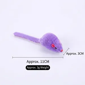 Purple plush mouse cat toy with dimensions showing 11cm length and 3cm width