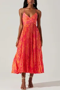 Detailed view of a vibrant pink and orange floral pleated camisole midi dress