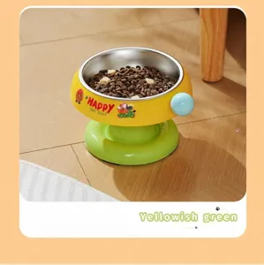 Yellowish green ice cream style stainless steel pet bowl for cats and dogs, tilted view