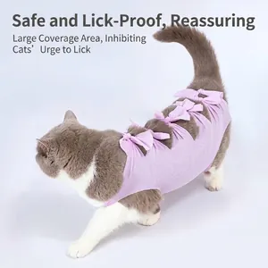 Breathable lick-proof cat recovery suit with pink bow ties for post-surgery protection