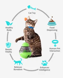 Interactive cat tumbler toy with treat dispenser and teaser ball for exercise.