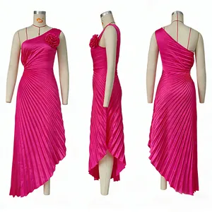 Three-angle view of fuchsia one-shoulder pleated dress with floral detail and asymmetric hem