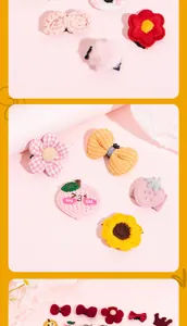 Close-up of various handmade knitted pet hair clips featuring floral and bow designs