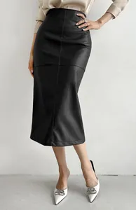 Detailed view of an elegant black PU leather midi skirt with a high-waisted fit.