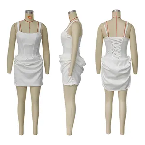 White sleeveless corset mini dress shown in front, side, and lace-up back detail views