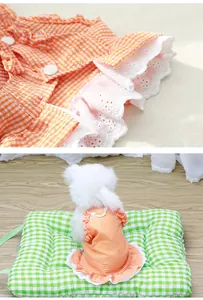 Detailansicht eines orangefarbenen Gingham-Haustierkleides mit weißem Spitzenbesatz.