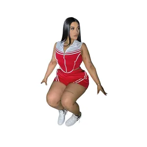 Tweedelige rood-witte casual sportkledingset met rits-tanktop en sportieve shorts