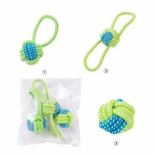 Durable woven rope dog toys set featuring green and blue knot patterns