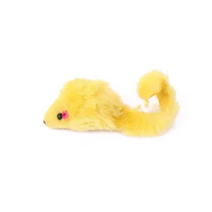 Interactive plush mouse cat toy in bright yellow with soft faux fur texture for indoor play