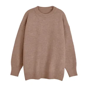 Pull en maille vintage marron à col rond pour femme, coupe ample de couleur unie