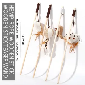 Natural Wood Cat Teaser Wand Toy With Linen Mouse Bell Feather Interactive Kitten Stick For Hunting Daily Play Pet Supplies