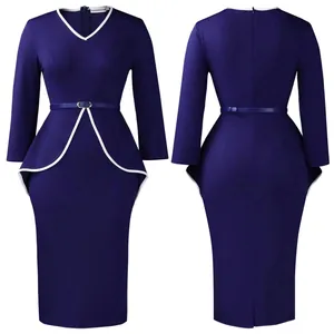 Elegant purple V-neck peplum dress with long sleeves and white piping detail, front and back view.