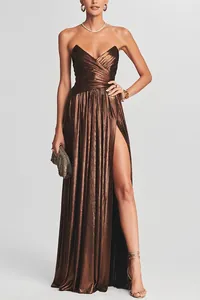 Metallic bronze strapless evening gown with pleated bodice and high leg slit for party
