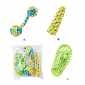 Detailed view of durable braided cotton rope dog chew toys in three styles with packaging