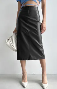 Detailed view of elegant black PU leather midi pencil skirt with high waist design