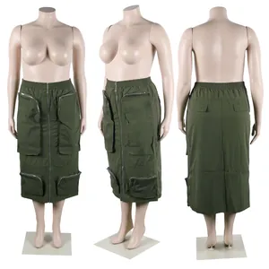 Detail views of olive green cargo midi skirt with zipper and multiple pockets