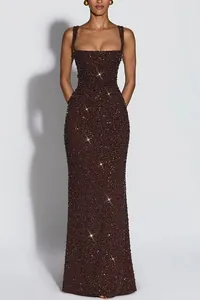 Elegant brown sequined sleeveless bodycon floor-length evening gown for parties