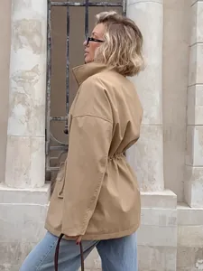 Élégant trench-coat kaki vintage français pour femmes, veste mi-longue à ceinture