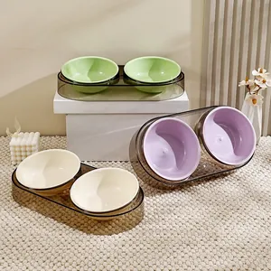 Gamelles doubles surélevées transparentes pour chats et chiens aux couleurs pastel macaron