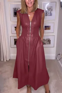 Vestido midi sin mangas de cuero sintético burdeos con cremallera frontal y cintura elástica