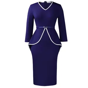 Elegant navy blue long-sleeved peplum dress featuring white contrast piping detail.