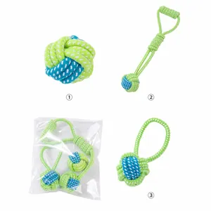 Detail view of durable braided cotton rope dog toys set for chewing and dental health