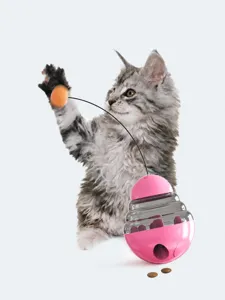 Action shot of a grey kitten playing with a pink tumbler cat toy food dispenser