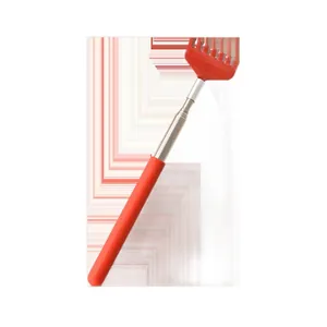 Red telescopic back scratcher and cat teaser wand tool with an extendable metal rod
