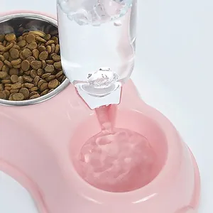 Roze dubbele voerbak voor huisdieren met 500ml automatische waterdispenser en rvs