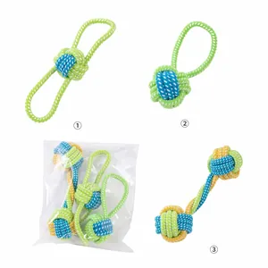 Durable cotton rope dog toy set with various knot shapes and clear packaging display