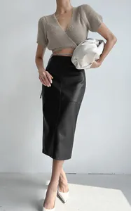Elegant high waist black PU leather midi pencil skirt for women in a chic French style