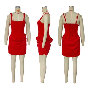 Vibrant red sleeveless bodycon mini dress with lace-up back detail on mannequin
