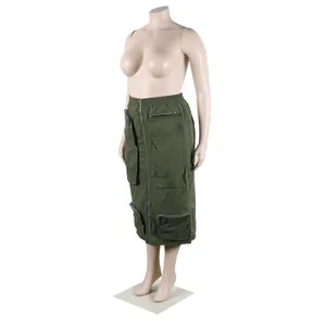 Detailed view of olive green plus-size cargo midi skirt with multiple zipper pockets