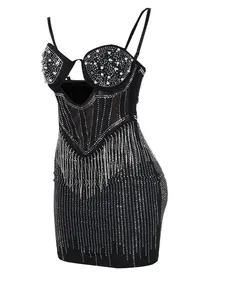Sexy black bodycon mini dress with rhinestones pearls and hollow out mesh detail