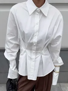 French Office Pleated Slim Waist White Blouse Women Spring Puff Sleeve Design Cotton Shirt Solid Color Long Sleeve Top