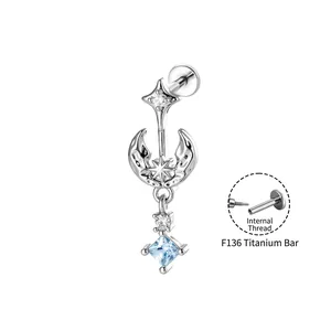 Star and moon cartilage earring with blue zircon, F136 titanium internally threaded post
